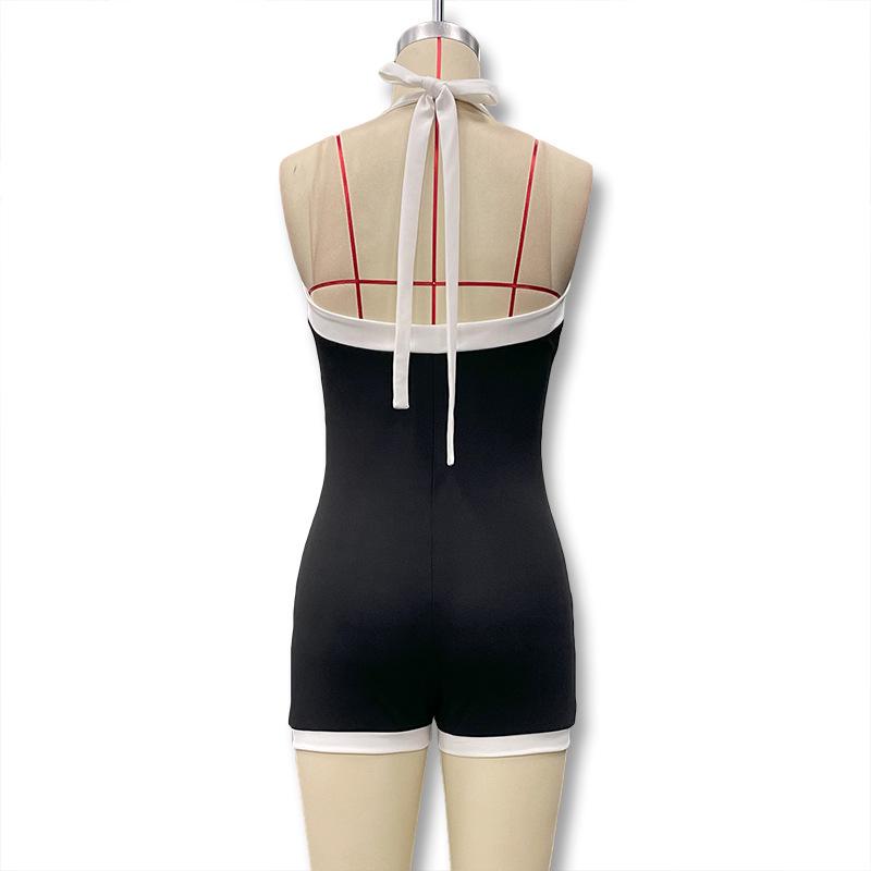 New European & American Fashion Black & White Color Block V-Neck Halter Backless Tie-Up Super Short Women's Jumpsuit
