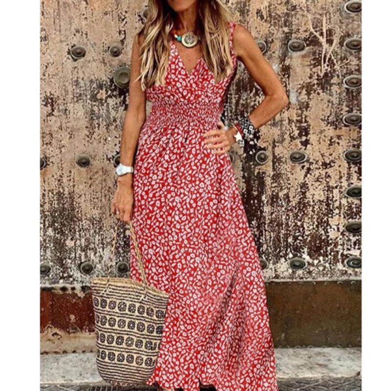 

Bohemia 2023 Fashion Plus Size V Neck Floral Tight Waist A- line Loose Sleeveless Vest Dress Dress Flower color 3XL