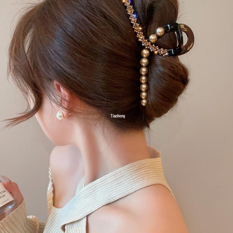 Korean Style Pearl & Rhinestone Hair Clip - Luxury Sparkling Shark Clip for Updo
