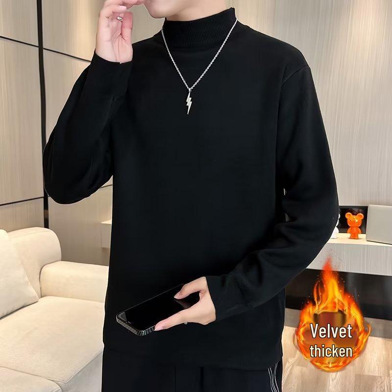 

Men s Plus Size Half-High Collar Korean Style Knit Sweater - Velvet-Lined for Warmth, Perfect for Autumn and Winter. L