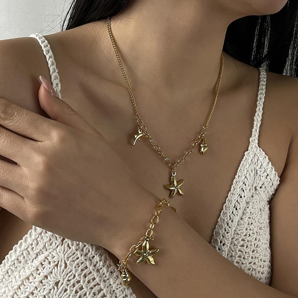 Women Fashion Exquisite Luxury Starfish Conch Dolphin Pendant Bracelet Necklace Retro Ocean Vacation Style Jewelry For Women