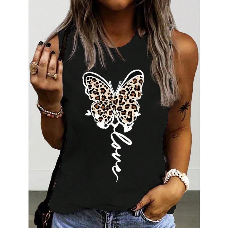 Colorful Stripe Round Neck Butterfly Leopard Creative Element Casual Tank Top Summer Women Blouse