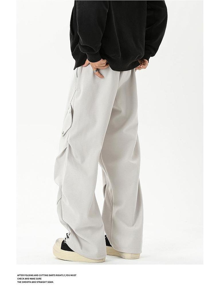 Men's Trendy Spring/Autumn Pleated Wide-Leg Overalls - Stylish, Handsome, and Casual Straight-Leg Trousers.
