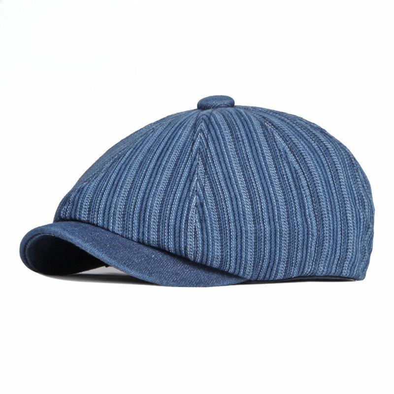Vintage Striped Washed Denim Newsboy Cap Men Women British Retro Octagonal Beret Autumn Fashion Painter Hat Casual Peaked Cap