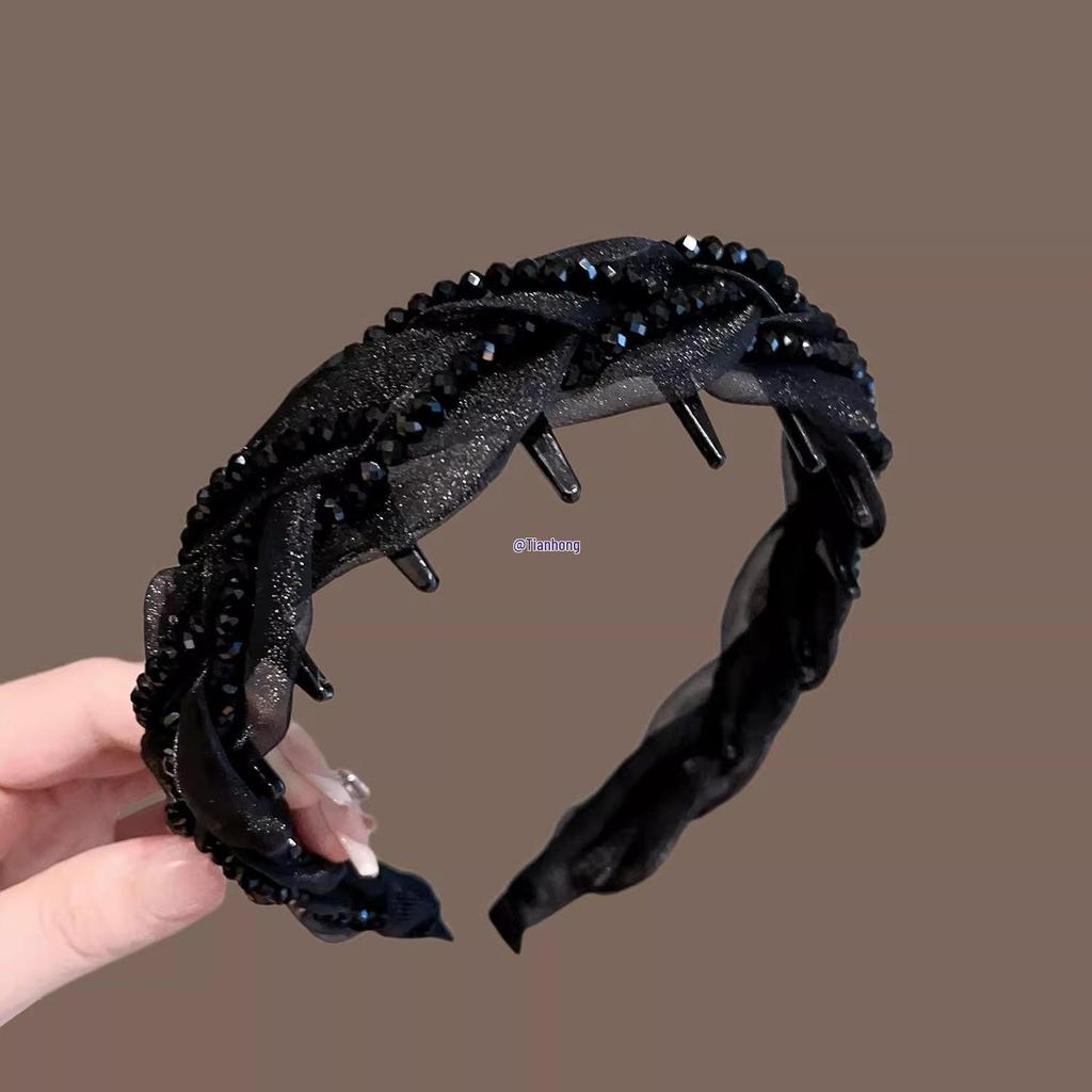 UK Luxury Black Crystal Mesh Women's Headband - High Skull Top, Versatile and Stylish