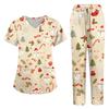 Women's Casual Christmas Print V-Neck Short Sleeve Top with Pockets and Pants Set, Two-Piece Caregiver Work Uniform