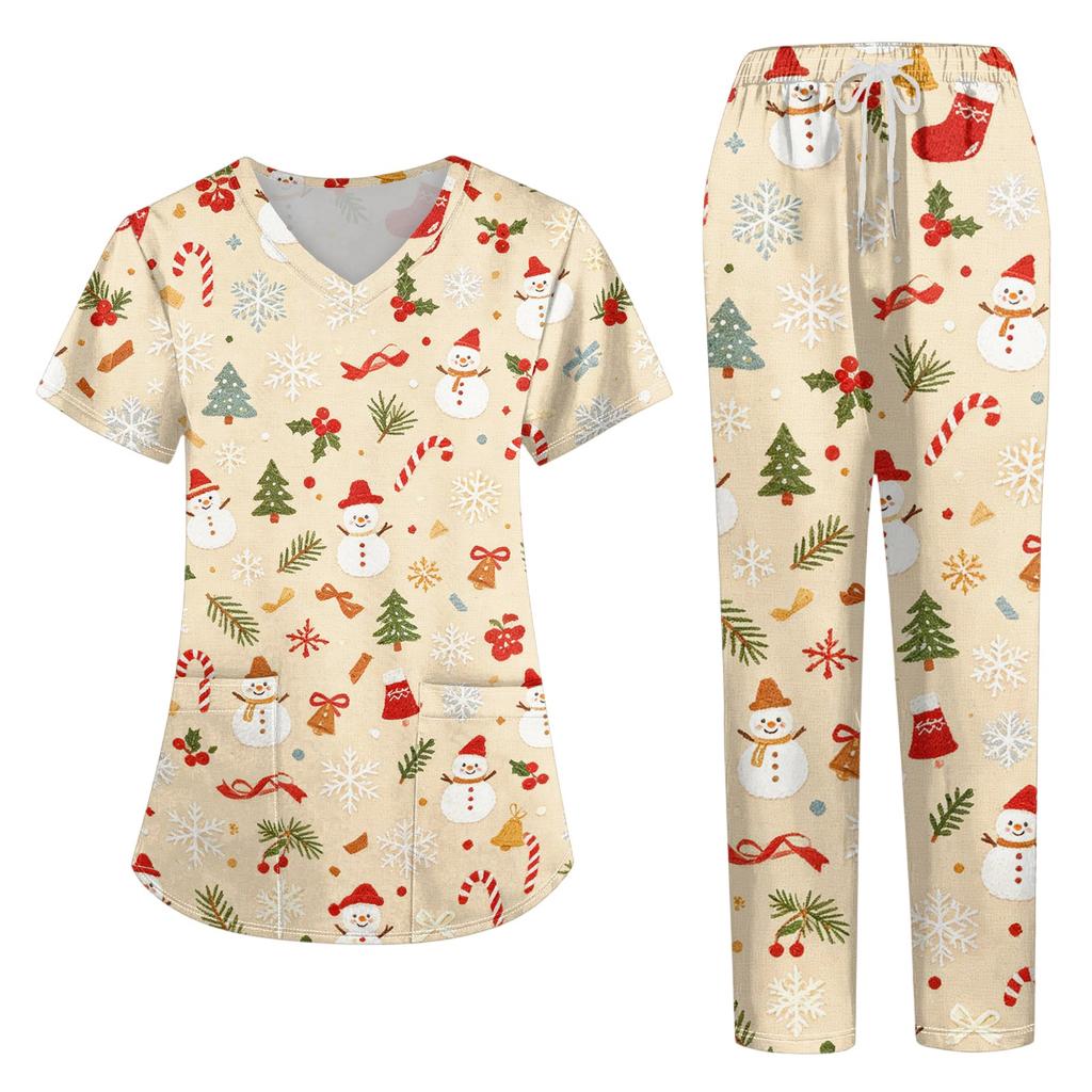 Women's Casual Christmas Print V-Neck Short Sleeve Top with Pockets and Pants Set, Two-Piece Caregiver Work Uniform