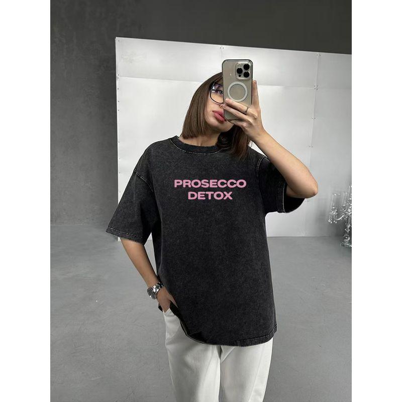 Western Style Fashion Casual Loose Washed Distressed Print round Neck T-shirt Top Printed T-shirt Top