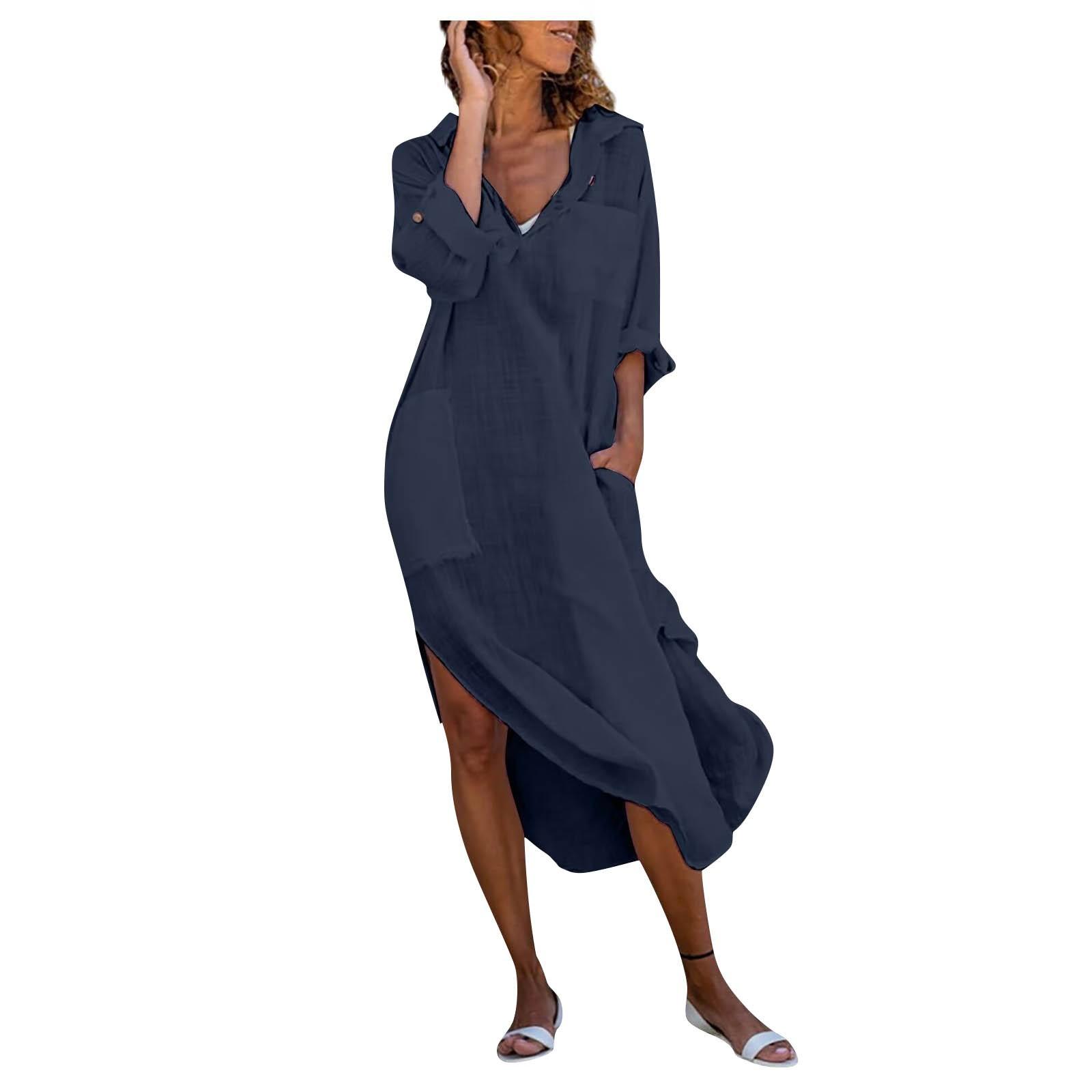 

Женская однотонная рубашка на пуговицах, свободная, дышащая, повседневная, платье из хлопка и льна L тёмно-синий