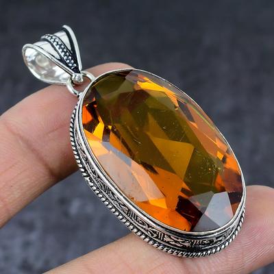Natural Honey Topaz Gemstone Handmade 925 Sterling Silver Pendant 2.36" O9U24