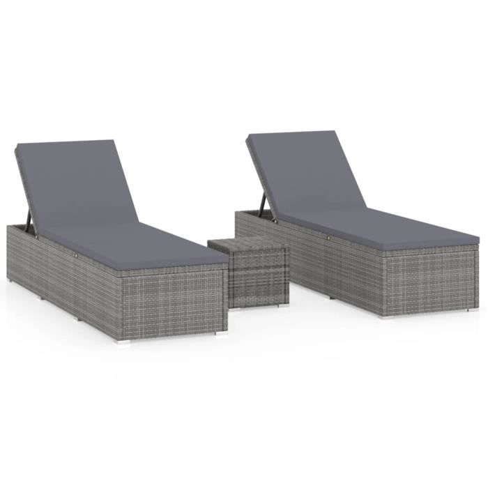 VidaXL Chaises longues de jardin table à thé 3 pcs Résine tressée Gris