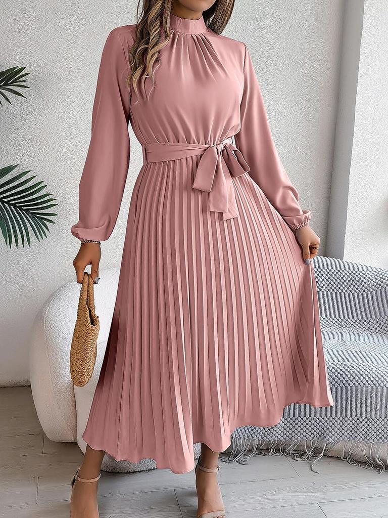 Fall Elegant Stand Collar Long Sleeve Ruched Waist A-Line Dress Women's Formal Wear