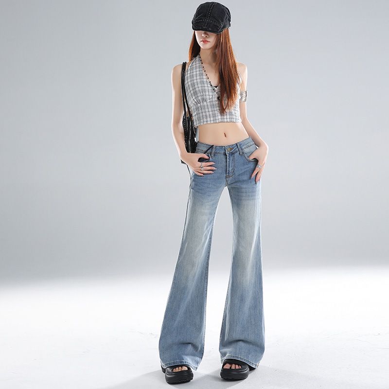 Spring Summer Ice Blue Low Waist Y2K Slim Micro Flare Trendy Denim Pants For Fashion Ladies Casual Pants Oversize Denim Trousers