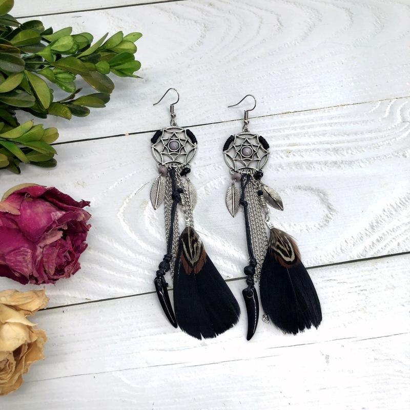 Handmade retro bohemian feather earrings dream catcher elements long fringed earrings temperament women's earrings