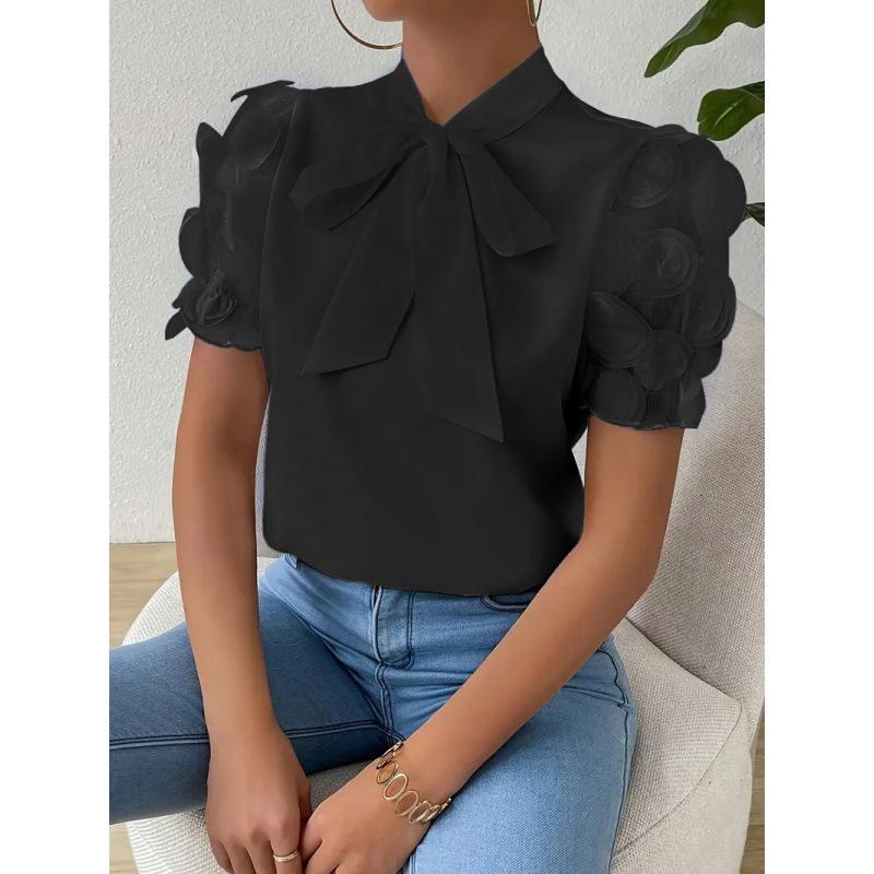 Commuter Solid Color Simple Lace-Up Bow Short Sleeve Shirt Women