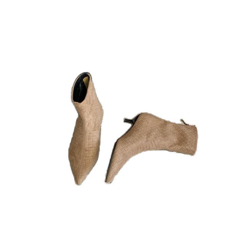 British style woven pointed toe thin heel fashion boots bare boots 2025 autumn and winter new thin versatile short boots women's and ankle boots
