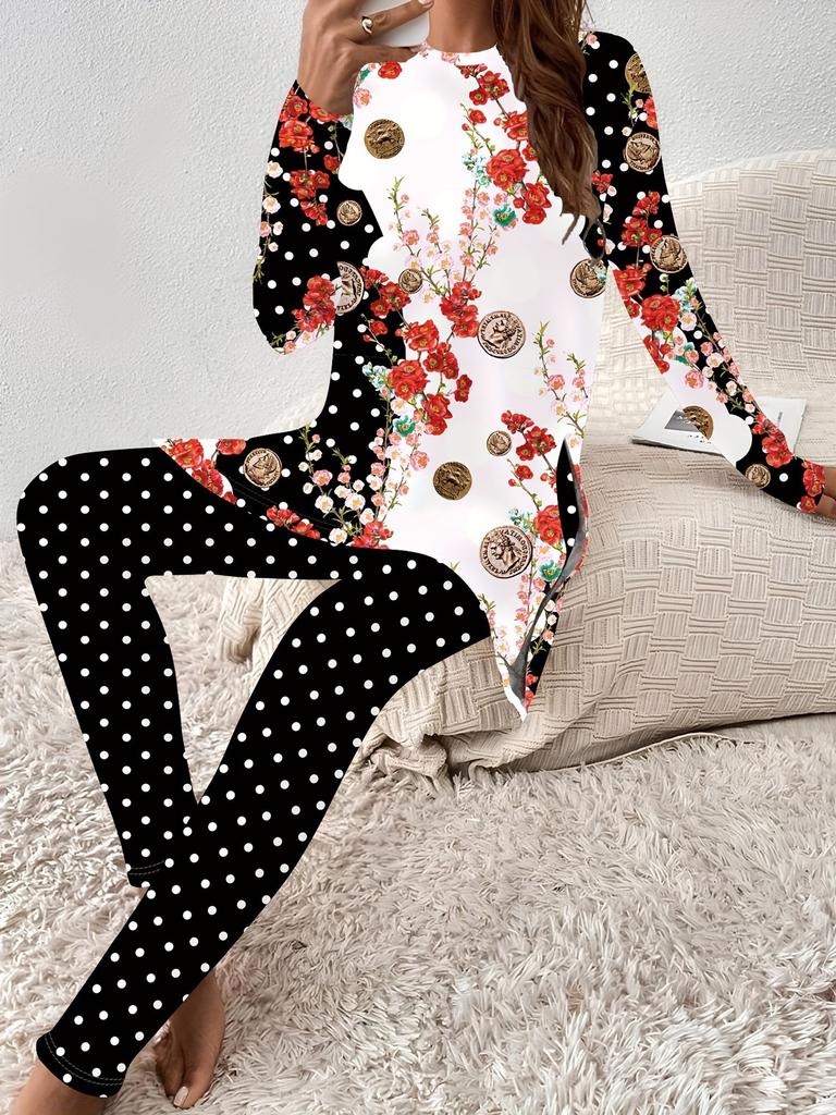 Vintage floral print crew neck long-sleeved set slim sports slim tight yoga trousers set