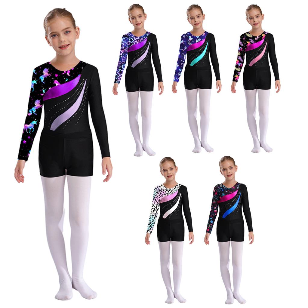 Girls Long Sleeve Rhinestone Leotard Printed Patchwork Design with V Front Waistband Shorts Dance Set