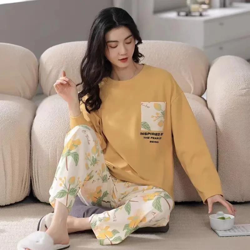 Set for Women's  Student Long Sleeve Spring Loungewear Ladies Simple Loose Suit Homewear Casual Sleepwear