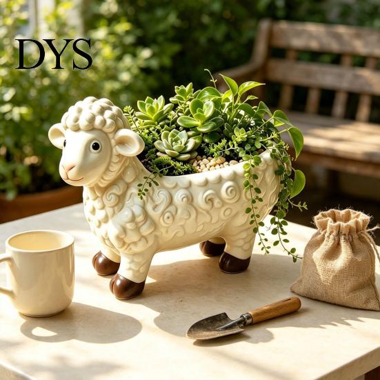 Resin Succulent Container Curly Sheep Planter Pot, Cute Lamb Flower Decorative Durable Thickened Animal Plant Pot for Succulents Cacti Indoor Outdoor