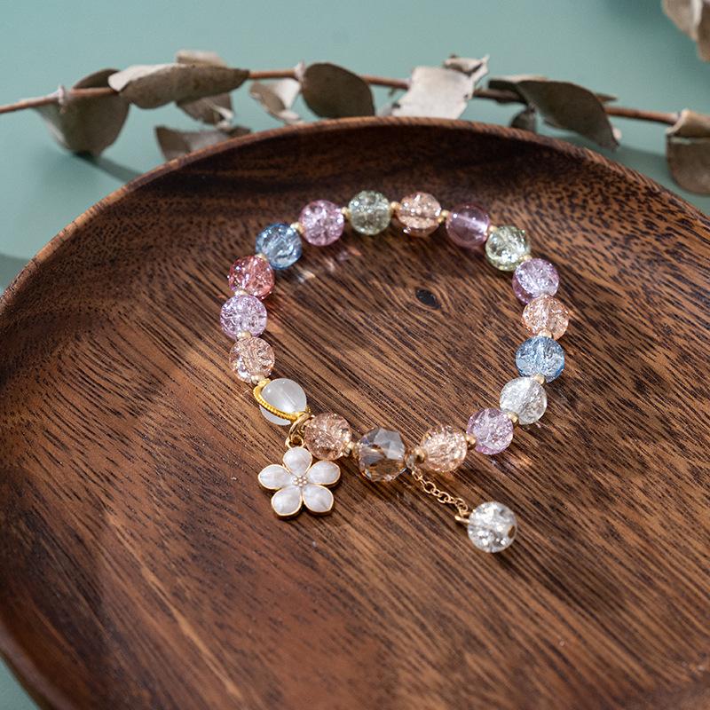 Lucky Crystal Cherry Peach Blossom Floral Flower Beaded Bracelets For Women Girls Elastic Bracelet Jewelry Gift