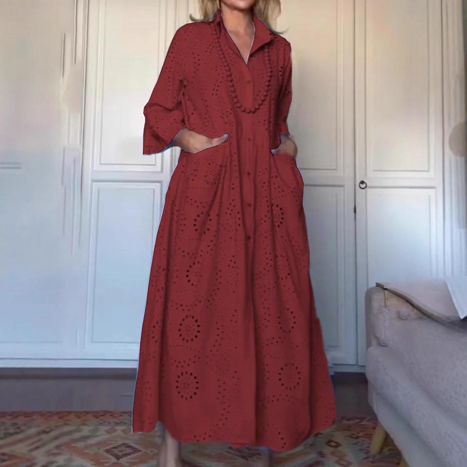 Spring and Autumn Solid-color Shirt Collar Loose Embroidered Cutout Large-sized Shirt Dress