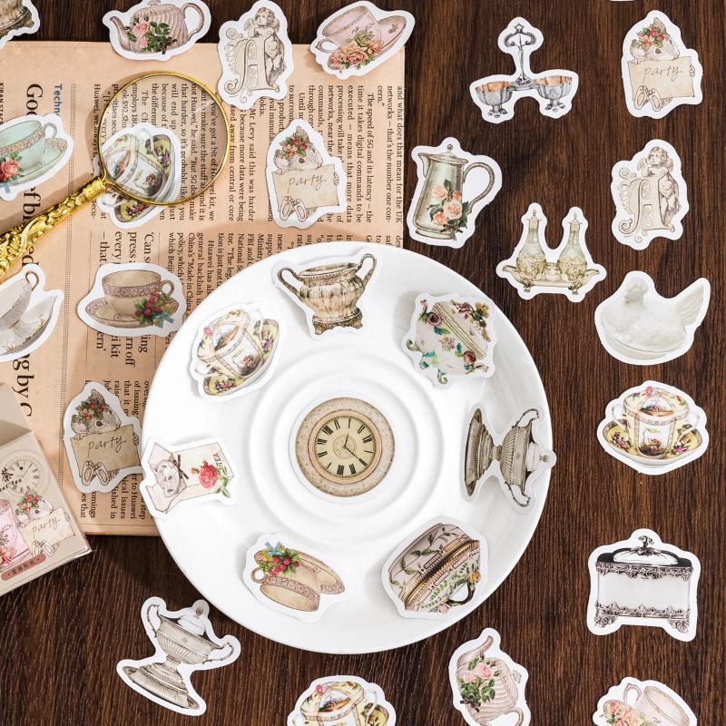 46Pcs Vintage Teapot Stickers Afternoon Tea Dessert Decoration Stickers DIY Creative Scrapbooking Craft Album Stickers Jourmal
