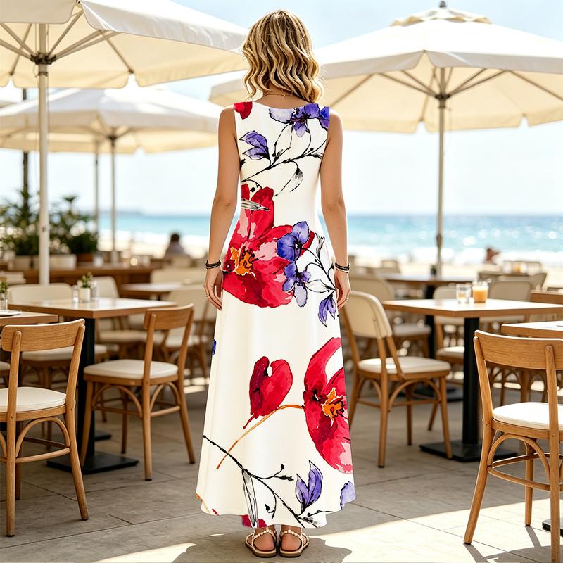 Women's Sleeveless Maxi Dress Watercolor Floral Print,Lightweight & Flowy,Elegant Chic,Perfect for Daily Casual,Friend Gatherings & Vacation Outfits