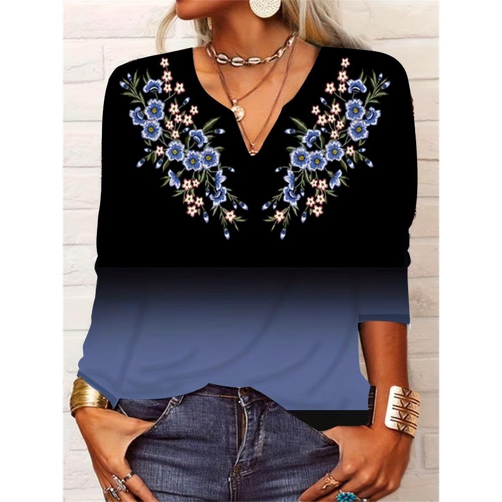 GMXIA Autumn Loose Long Sleeve Flower Bold V-neck T-shirt Base for Women