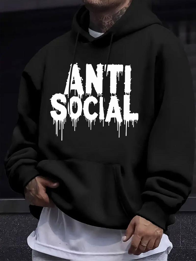 American European Style unisex Fall Winter Print Hoodie Long Sleeve Sweatshirt, ANTI SOCIAL Slogan Hooded Sweatshirt Print, Individual Trendy Attitude