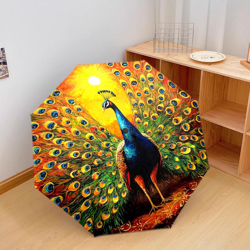 1 PC Automatic Folding Umbrella - Peacock Pattern, Portable & Foldable Design with 8 Ribs, Christmas Birthday Gifts