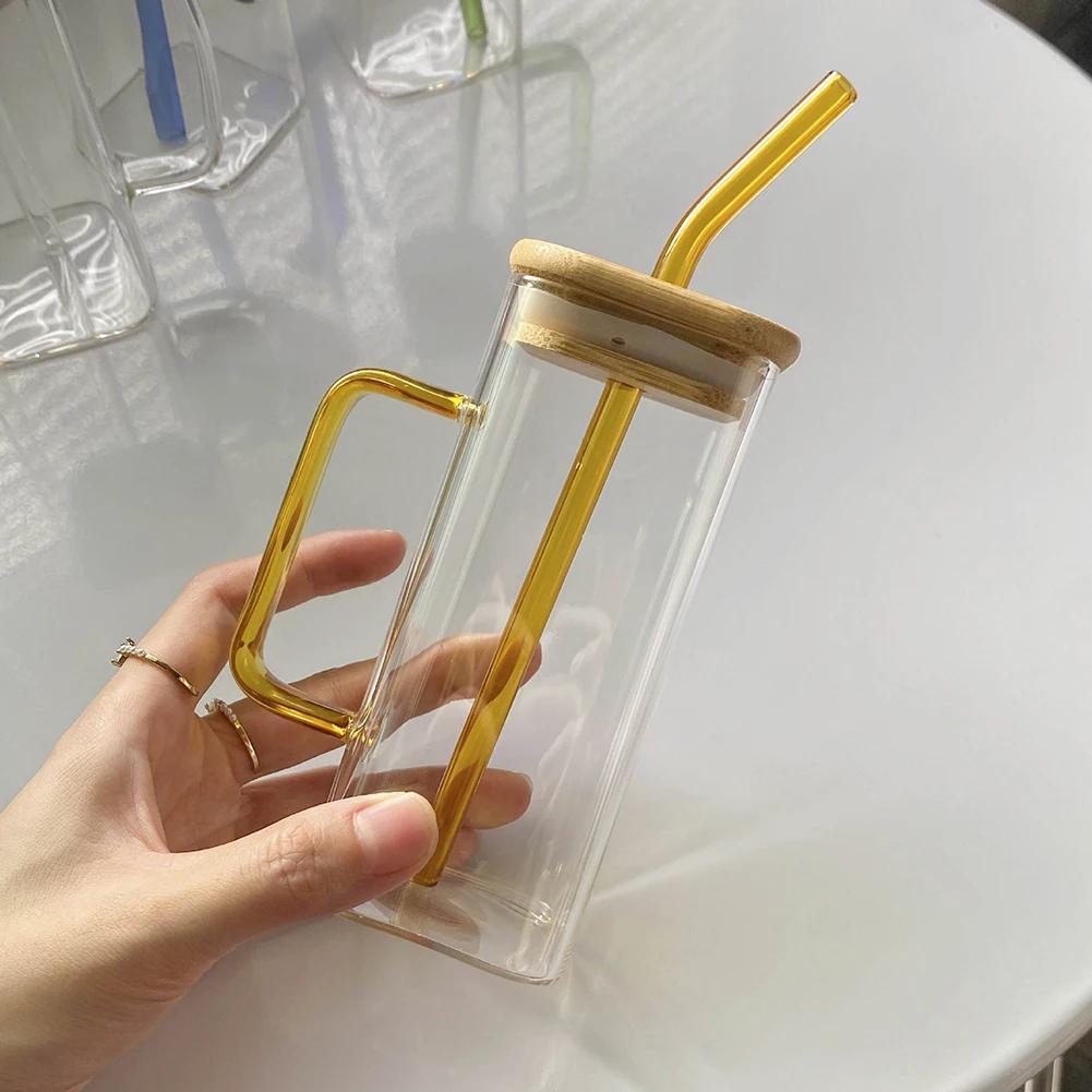 Microwave Safe Square Glass Cup 400Ml Transparent Glass Mug With Lid And Straw For Breakfast Coffee Milk Beer Party Use