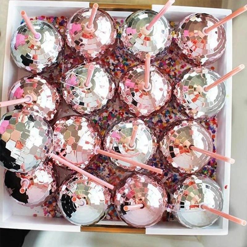 5Pcs Disco Ball Cup with Straw Bachelorette Party Supplies Wedding Bridal Shower Cocktail Drink Cups Beach Pool Birthday Decor