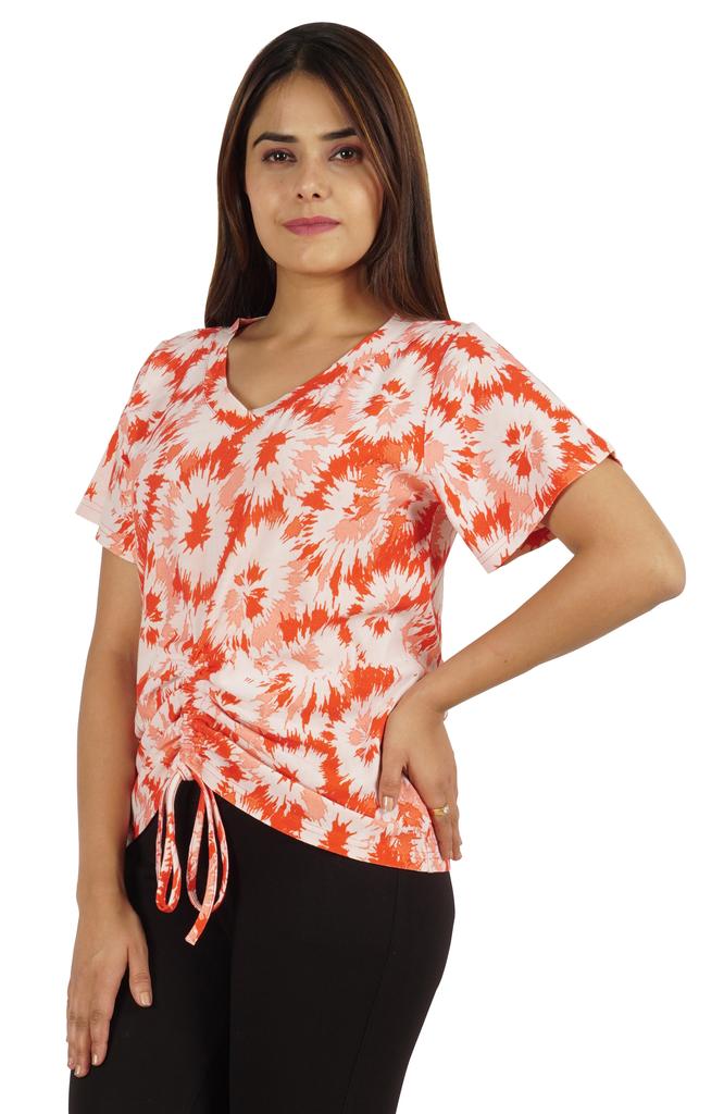 Moomaya Tie Dye Short Sleeve Ruching Tops For Women V-Neck Casual Jersey Tee