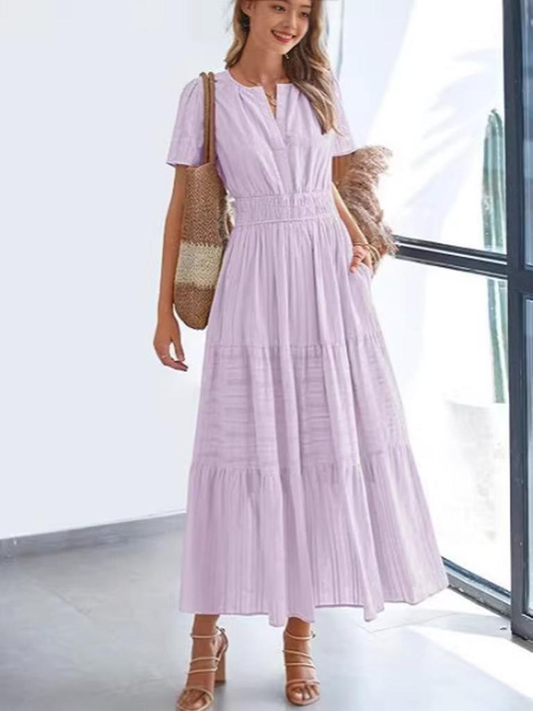 Spring/Summer Women's Fashion V-Neck Ruffled Bubble Sleeve Layered Maxi Dress for Women