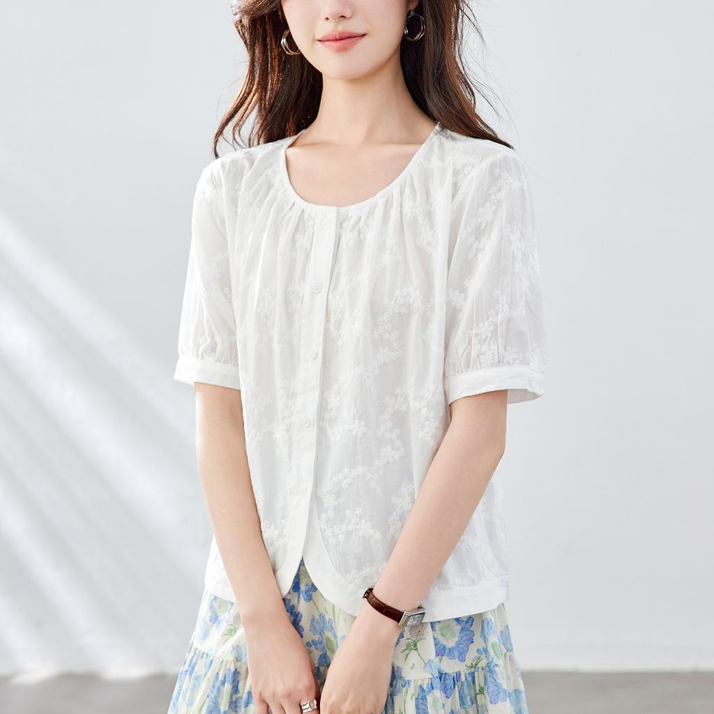 Apricot Embroidered Shirt for Women Short-sleeved Summer New Small Round Neck Top Pure Cotton Embroidered Shirt