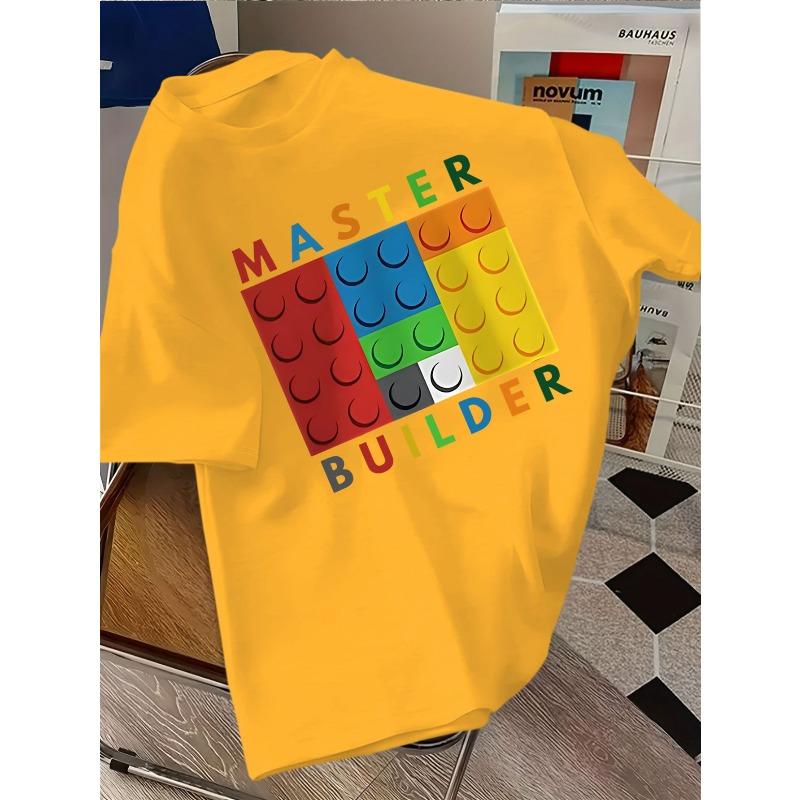 European sizes The T-Shirt Features a Colorful Block Pattern And The Words 'MASTER BUILDER', Making It a Stylish Casual Outfit Suitable