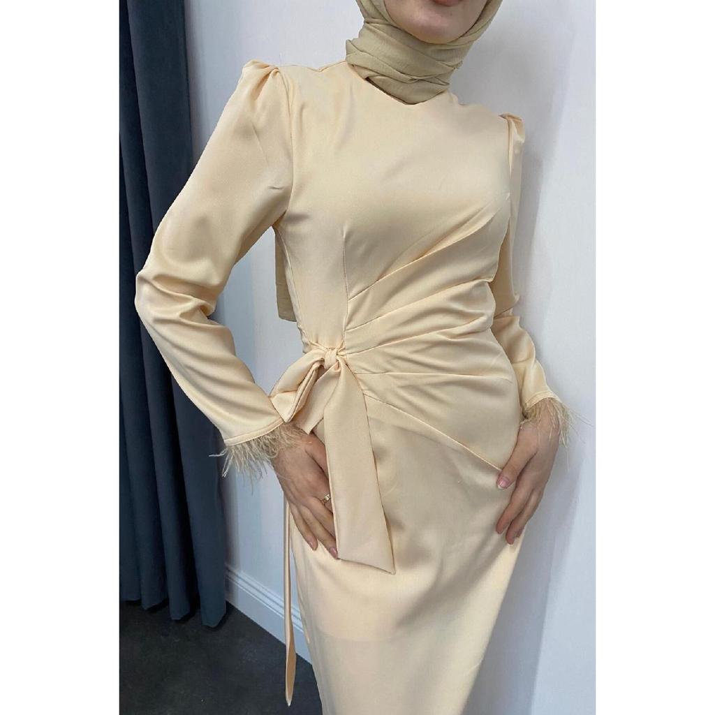 Satin Evening Dress With Sleeve Fringes, Oil Green