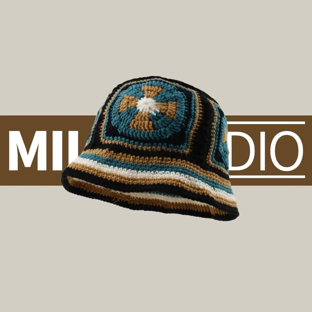 Cute Dopamine Wind Japanese Handmade Crochet Knitted Bucket Hat Rainbow Rhombus Plaid Wool Bucket Winter Basin Hat Bucket Hat
