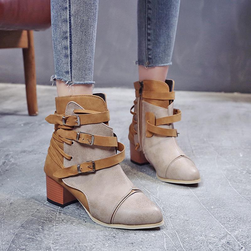 Buy New Large Size Women's Boots Frosted Belt Buckle Boots with Thick