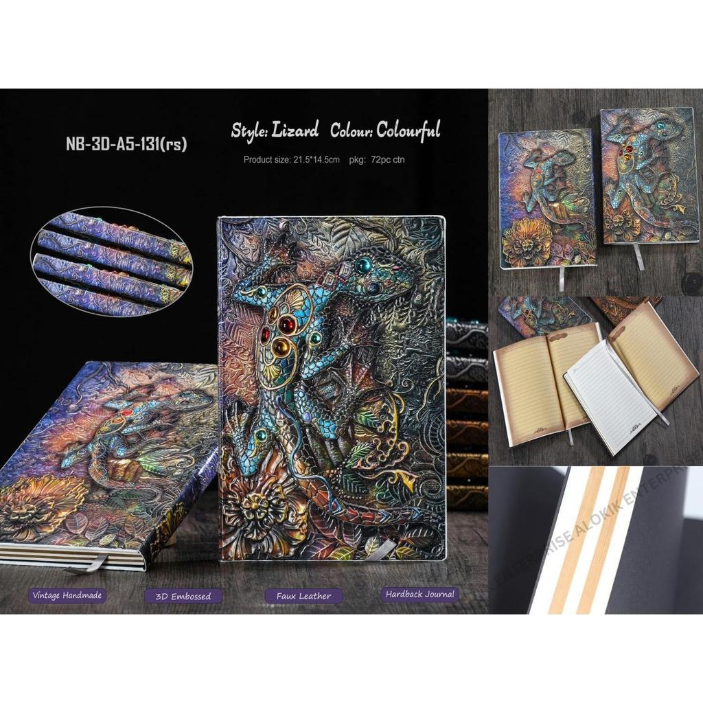 Superaura 3D Lizard DND Vintage Leather Journal Writing Notebook with 200 Pages A5 Journal Diary,Antique Handmade Leather Diary