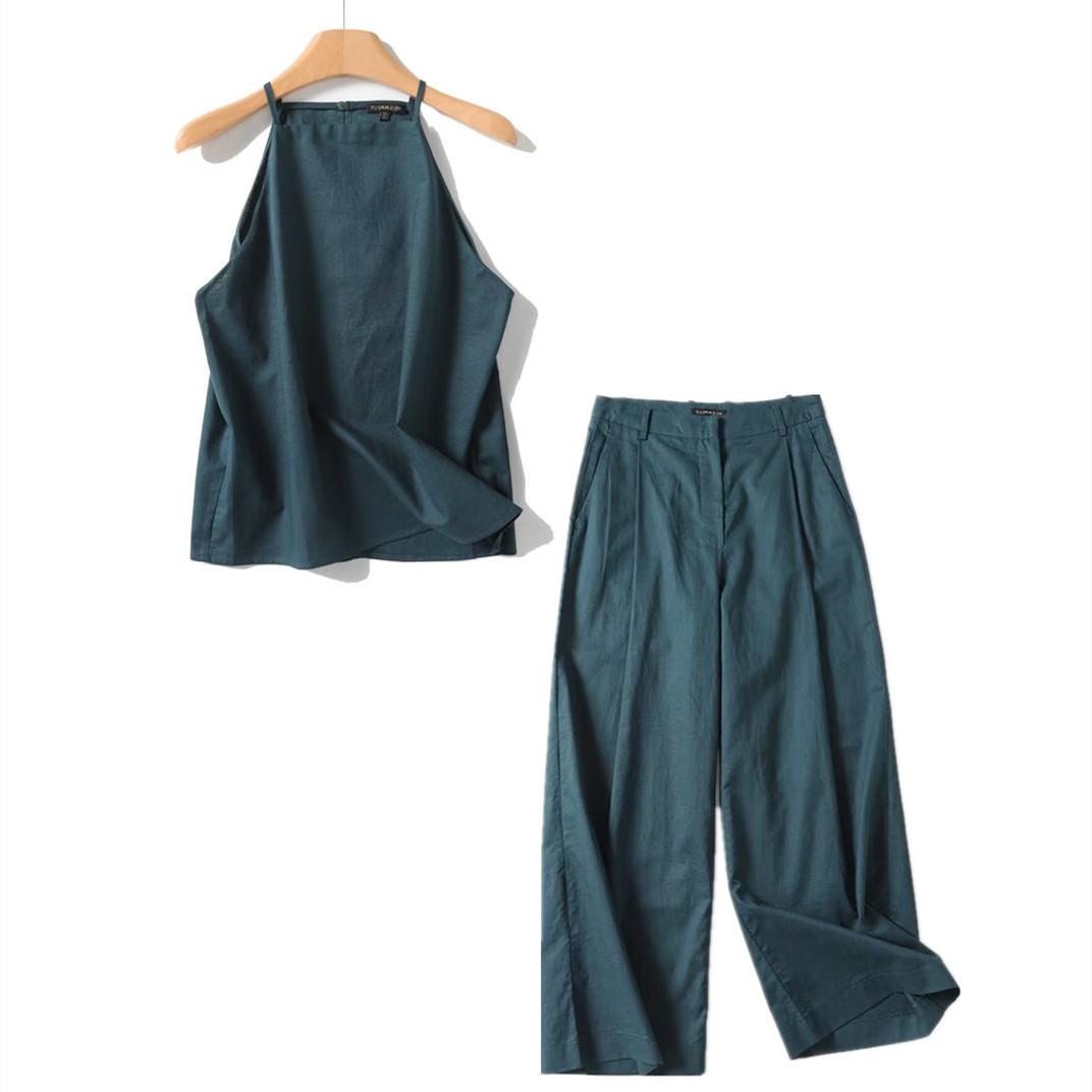 

2025 Spring Women s Minimalist Camisole & Pleated Wide-Leg Pants Set Large