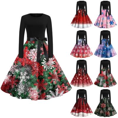 Women's Fashion Round Neck Casual Slim Christmas Printed Long Sleeve Dresses