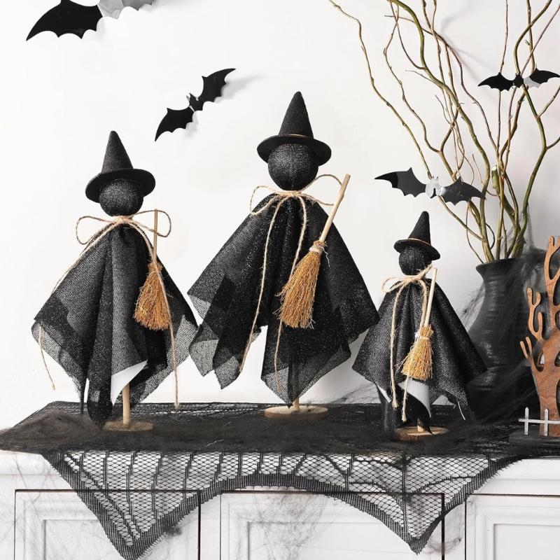 3 Piece Cotton Fabric Witch Specter Decorations For Halloween Home Party Display Wooden Base Accessories Set