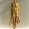Rochie de damă plisată cu gât halter, fără umeri, cu bordură din dantelă, tiv asimetric, stil boho, culoare uni