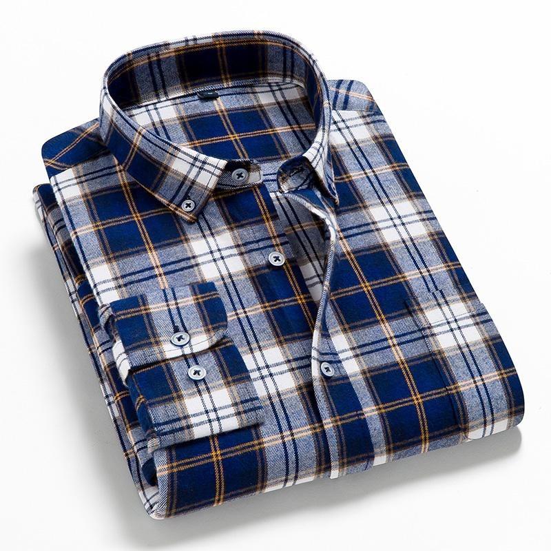 Men's Plaid Shirt - Pure Cotton Flannel, Long-Sleeved, Button Collar, Soft, Warm, Casual