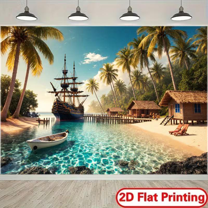2D Tropical Island Pirate Ship Backdrop for Kids Pirate Themed Birthday Party Photoshoot 47.2x31.5inch/120*80cm