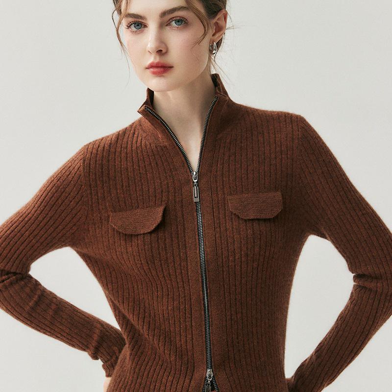 2025 Autumn/Winter Women's High Neck Cashmere Cardigan with Double-Head Zipper and Faux Pocket Detailing