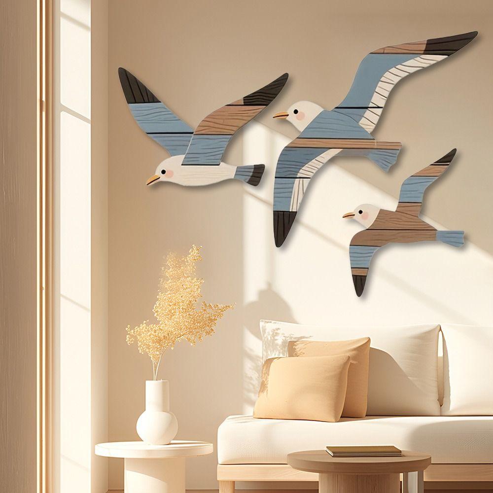 Vintage 3PCS Set Seagull Wall Decorations Wooden Coast Theme Wall Art Handcrafted Marine Bird Decor Home Decoration