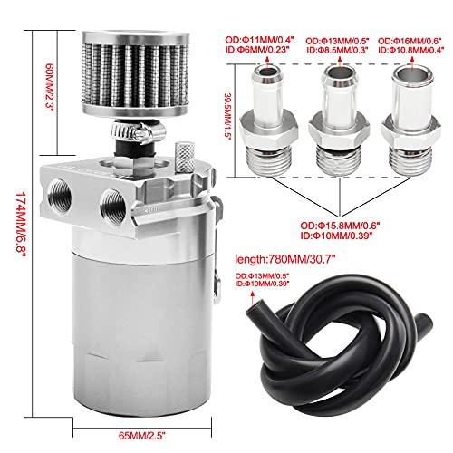VEHSUN Oil Catch Tank, Aluminum, Universal for Cars and Motorcycles, Oil Catch with Freezer Filter, Flat Head, Cylindrical, Hose Nipple, Outer Di